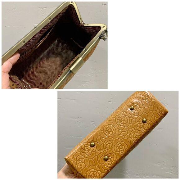 Embossed Rose Handmade Cowhide Leather Push-lock Handbag Includes Small Clutch - Picture 12 of 16